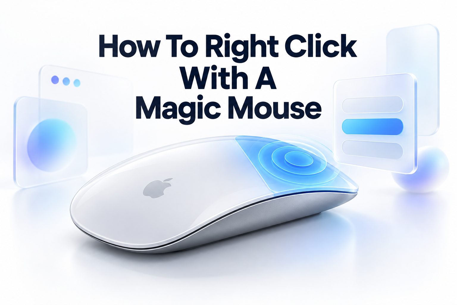 Hand performing right-click on an Apple Magic Mouse on a desk